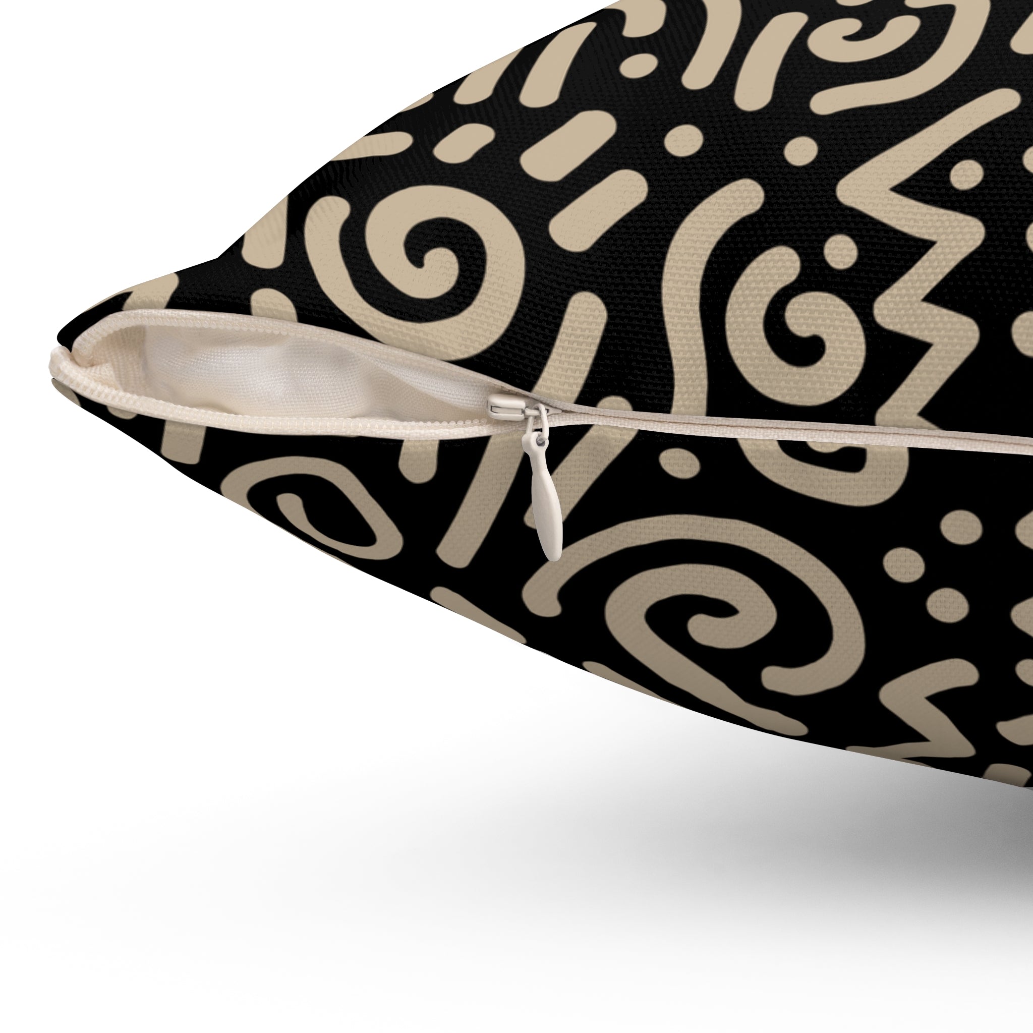 Abstract Tribal Pattern Square Pillow — Neutral Black & Beige Geometric Throw Cushion