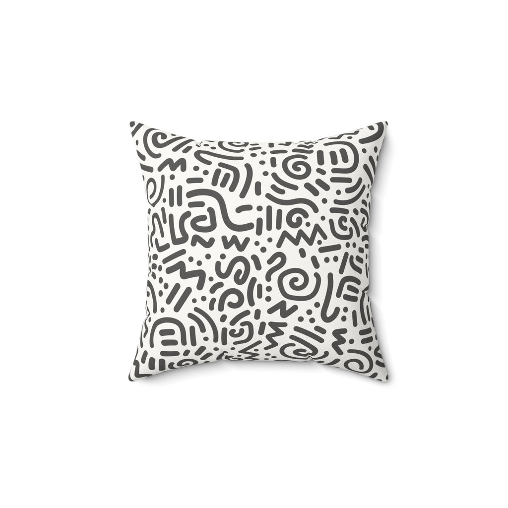 Abstract Doodle Faux Suede Pillow — GREY & White Geometric Accent Cushion