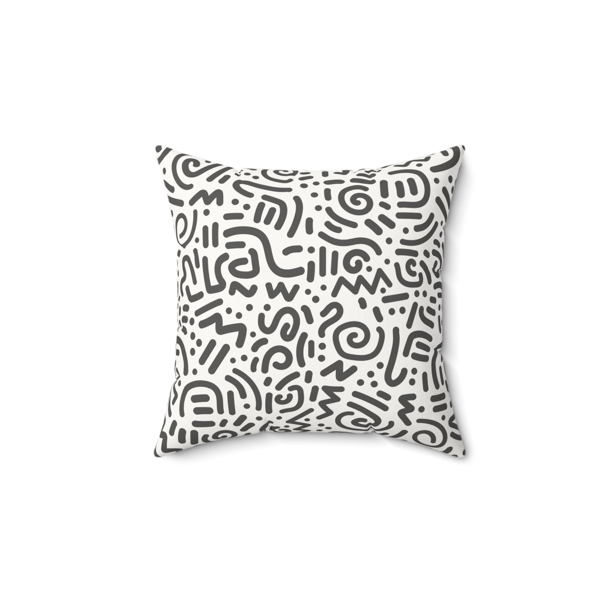 Abstract Doodle Faux Suede Pillow — GREY & White Geometric Accent Cushion