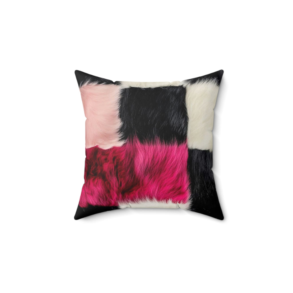 Faux Fur Patchwork Pillow — Pink Black White Decorative Throw Pillow