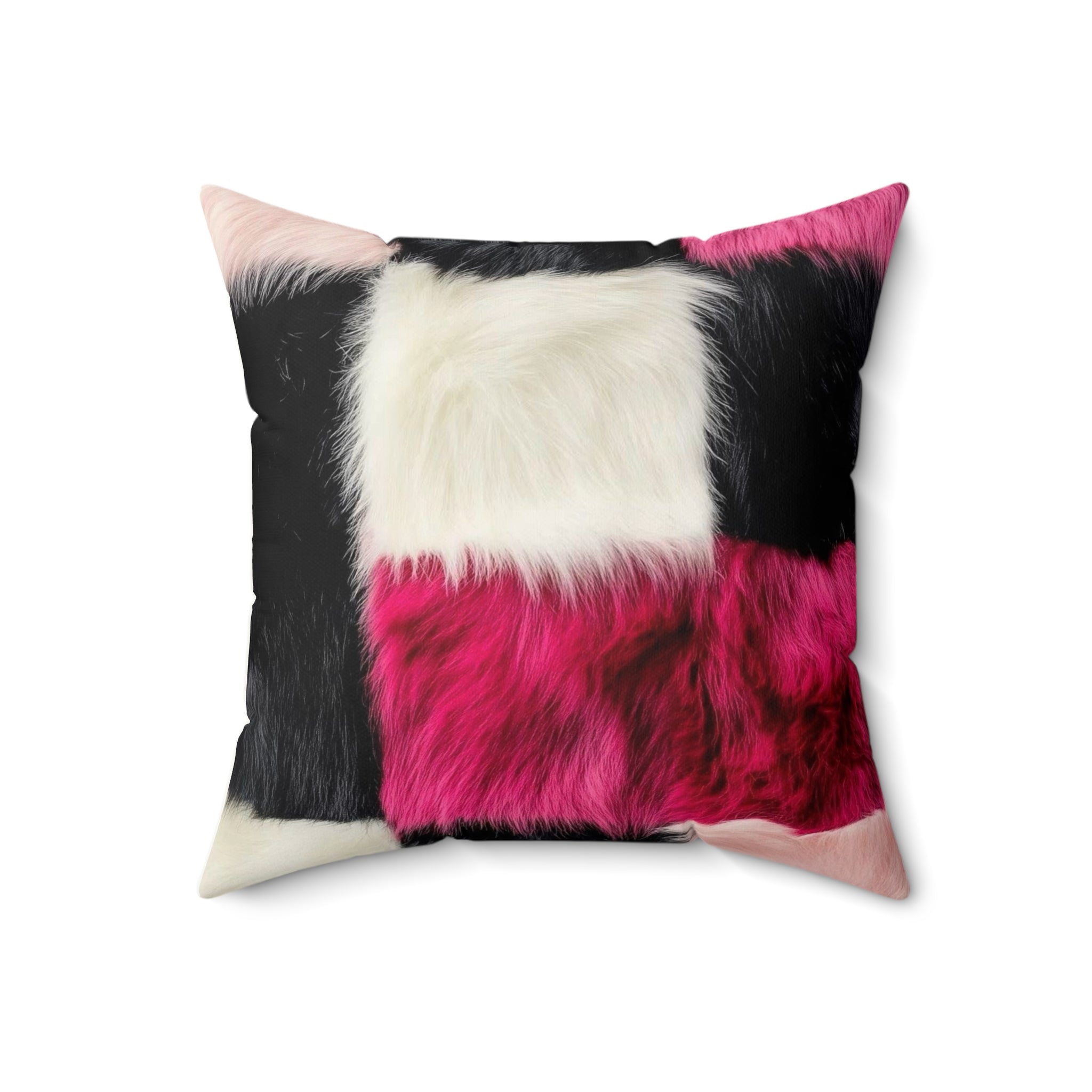 Faux Fur Patchwork Pillow — Pink Black White Decorative Throw Pillow