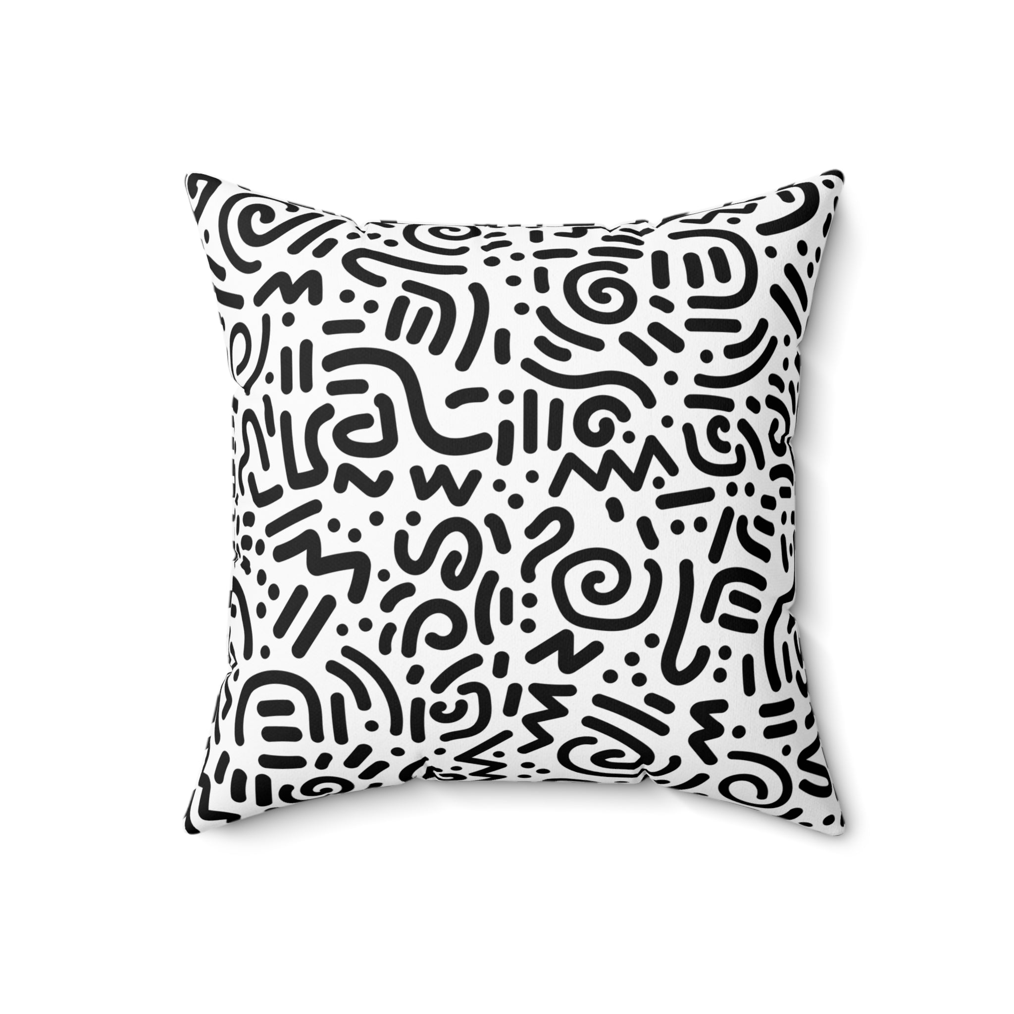 Abstract Black & White Doodle Square Pillow — Modern Geometric Throw Cushion