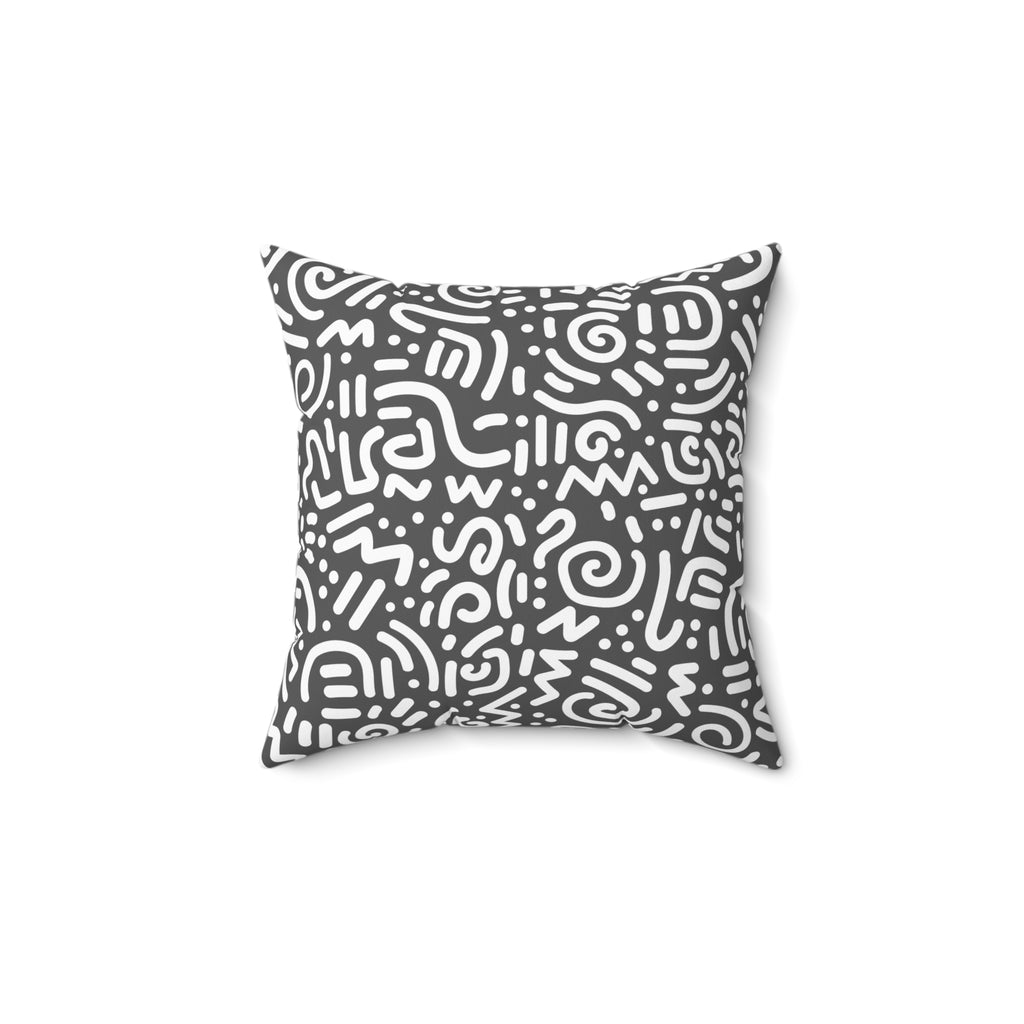 Abstract Doodle Square Pillow — Modern CHARCOAL GREY & White Geometric Throw Pillow