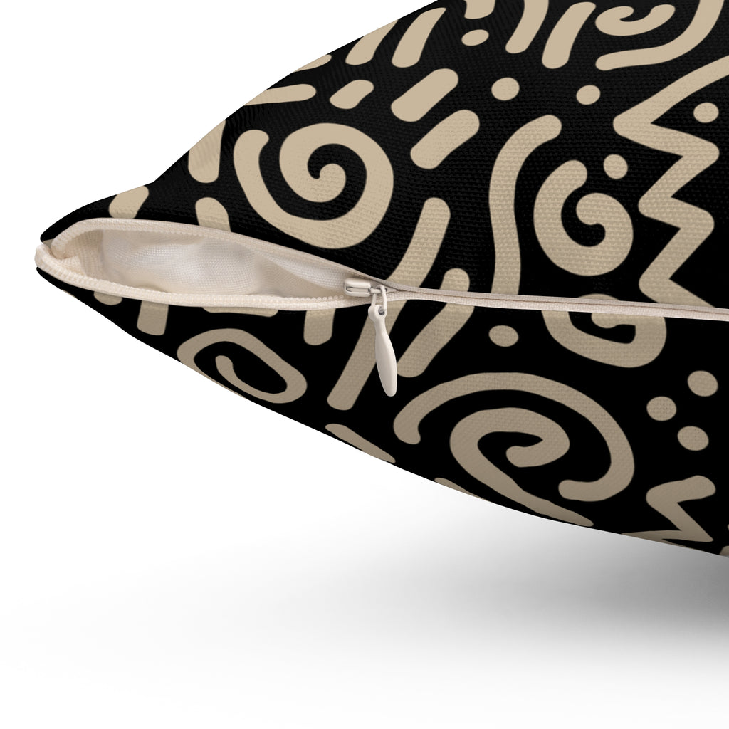 Abstract Tribal Pattern Square Pillow — Neutral Black & Beige Geometric Throw Cushion