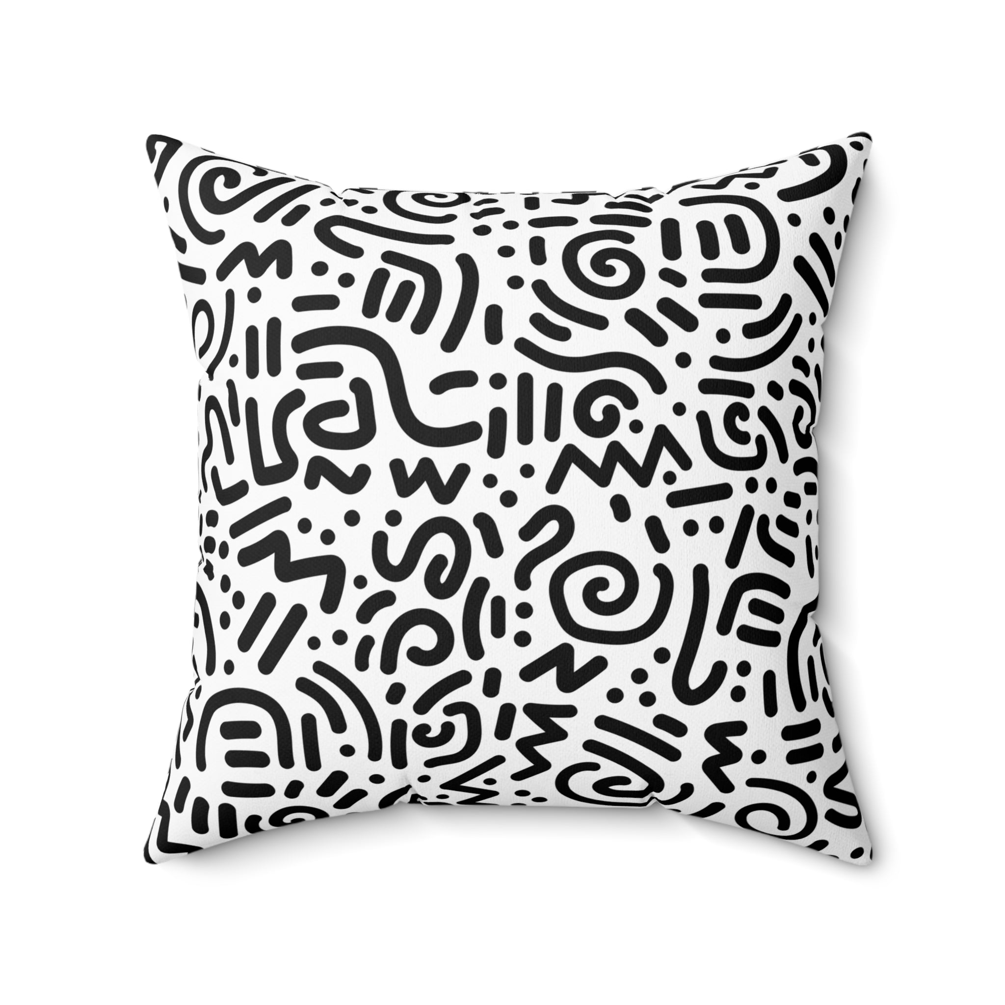 Abstract Black & White Doodle Square Pillow — Modern Geometric Throw Cushion