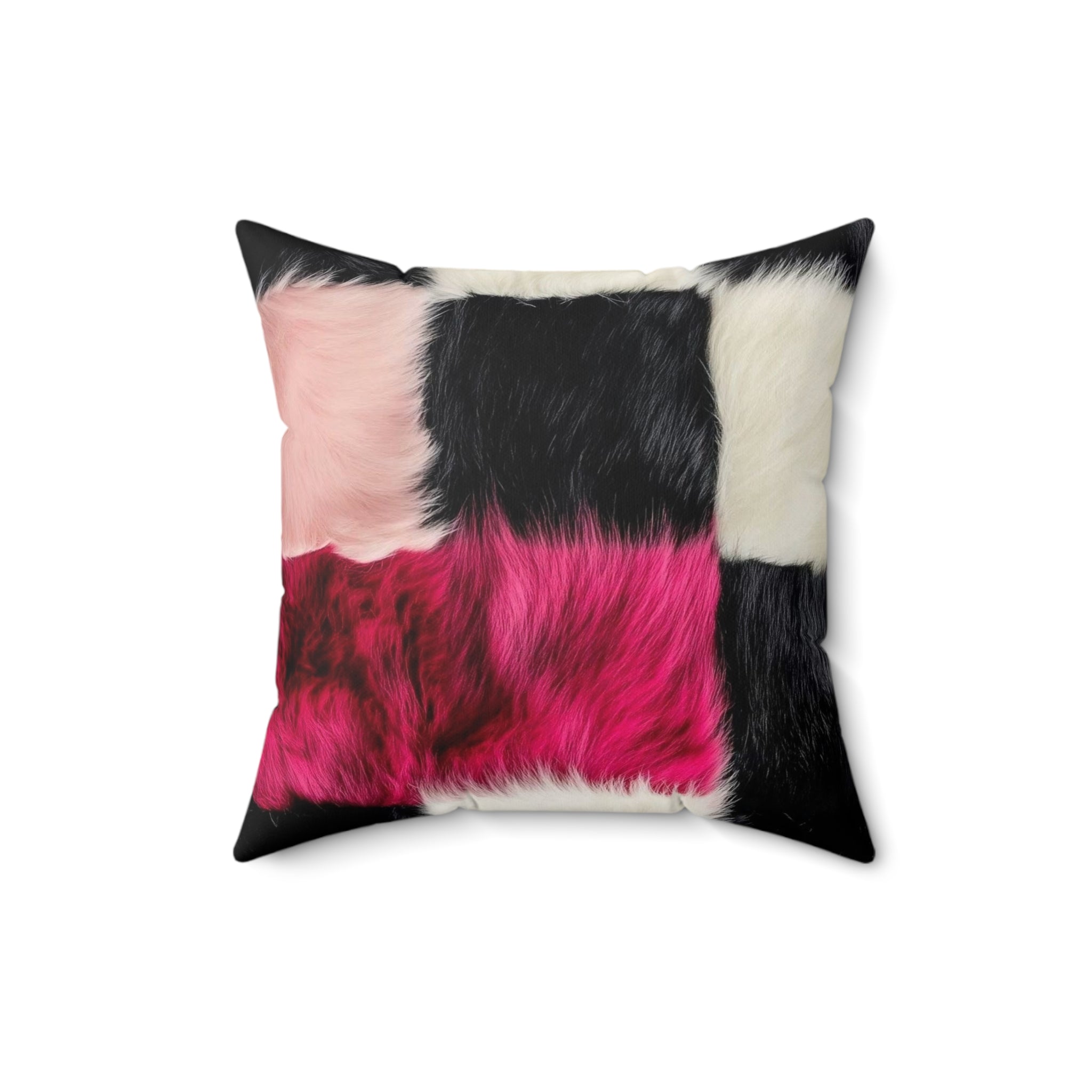 Faux Fur Patchwork Pillow — Pink Black White Decorative Throw Pillow