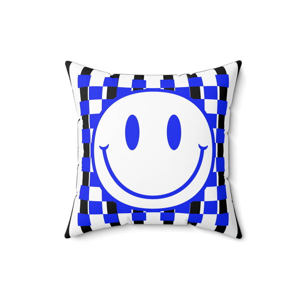 Blue Checker Smiley Pillow — Retro Happy Face Decorative Cushion