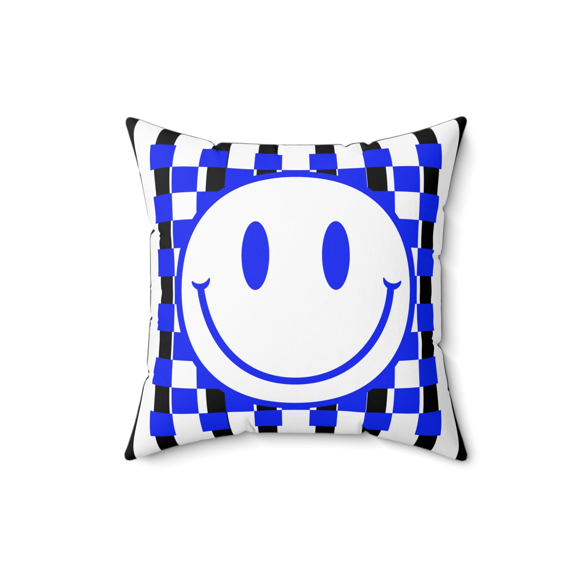 Blue Checker Smiley Pillow — Retro Happy Face Decorative Cushion