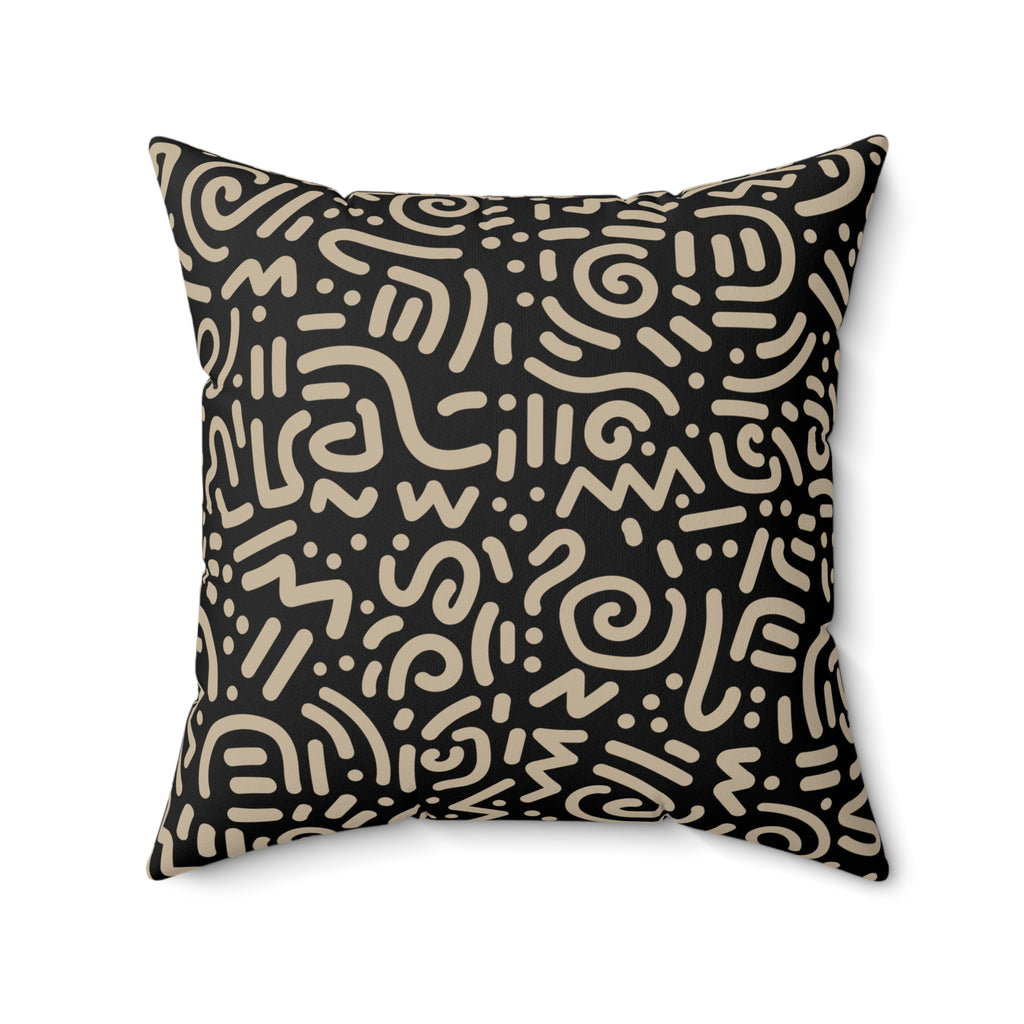 Abstract Tribal Pattern Square Pillow — Neutral Black & Beige Geometric Throw Cushion