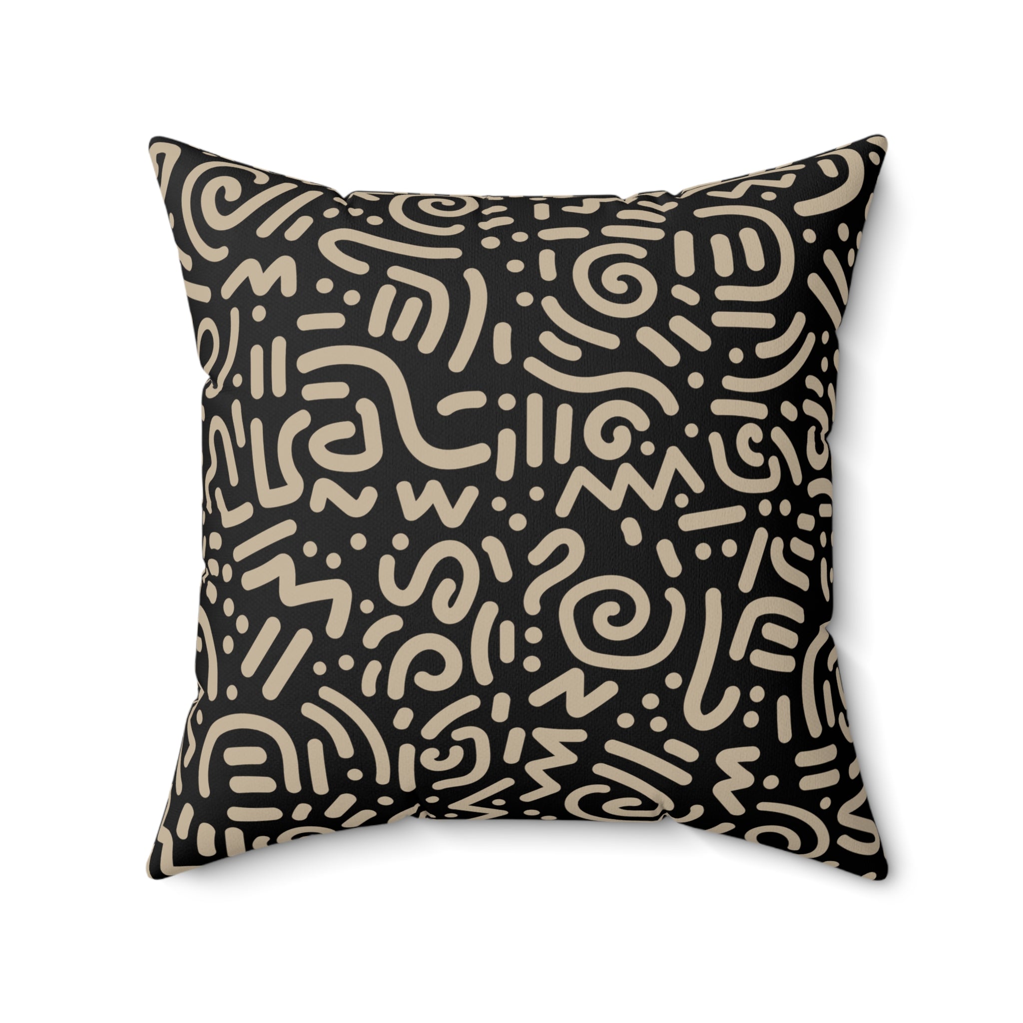 Abstract Tribal Pattern Square Pillow — Neutral Black & Beige Geometric Throw Cushion