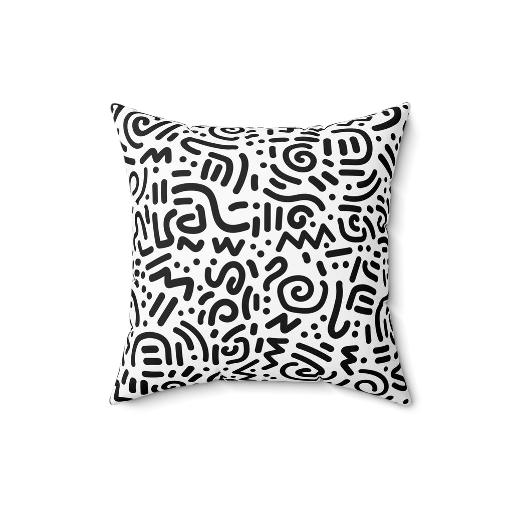 Abstract Black & White Doodle Square Pillow — Modern Geometric Throw Cushion