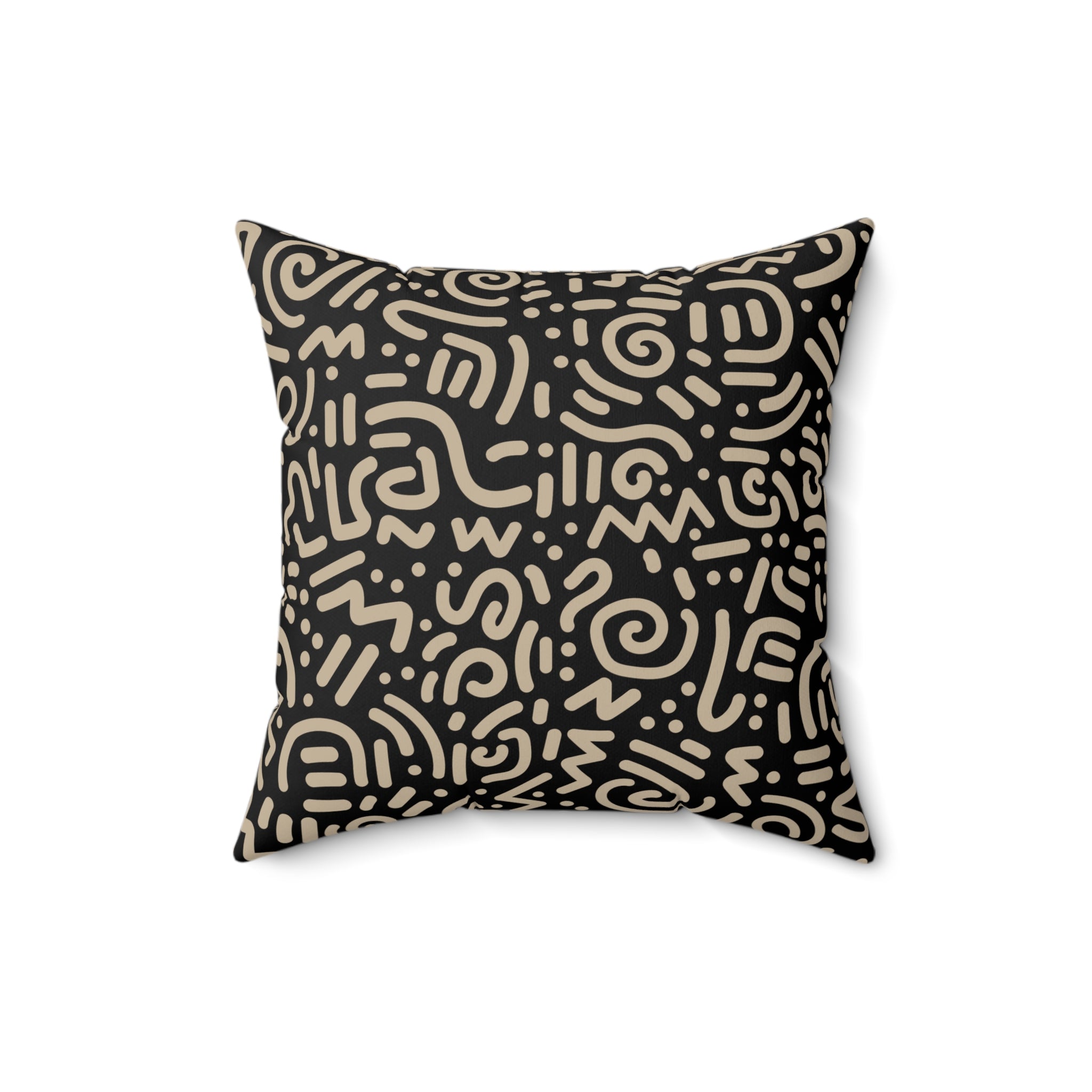 Abstract Tribal Pattern Square Pillow — Neutral Black & Beige Geometric Throw Cushion