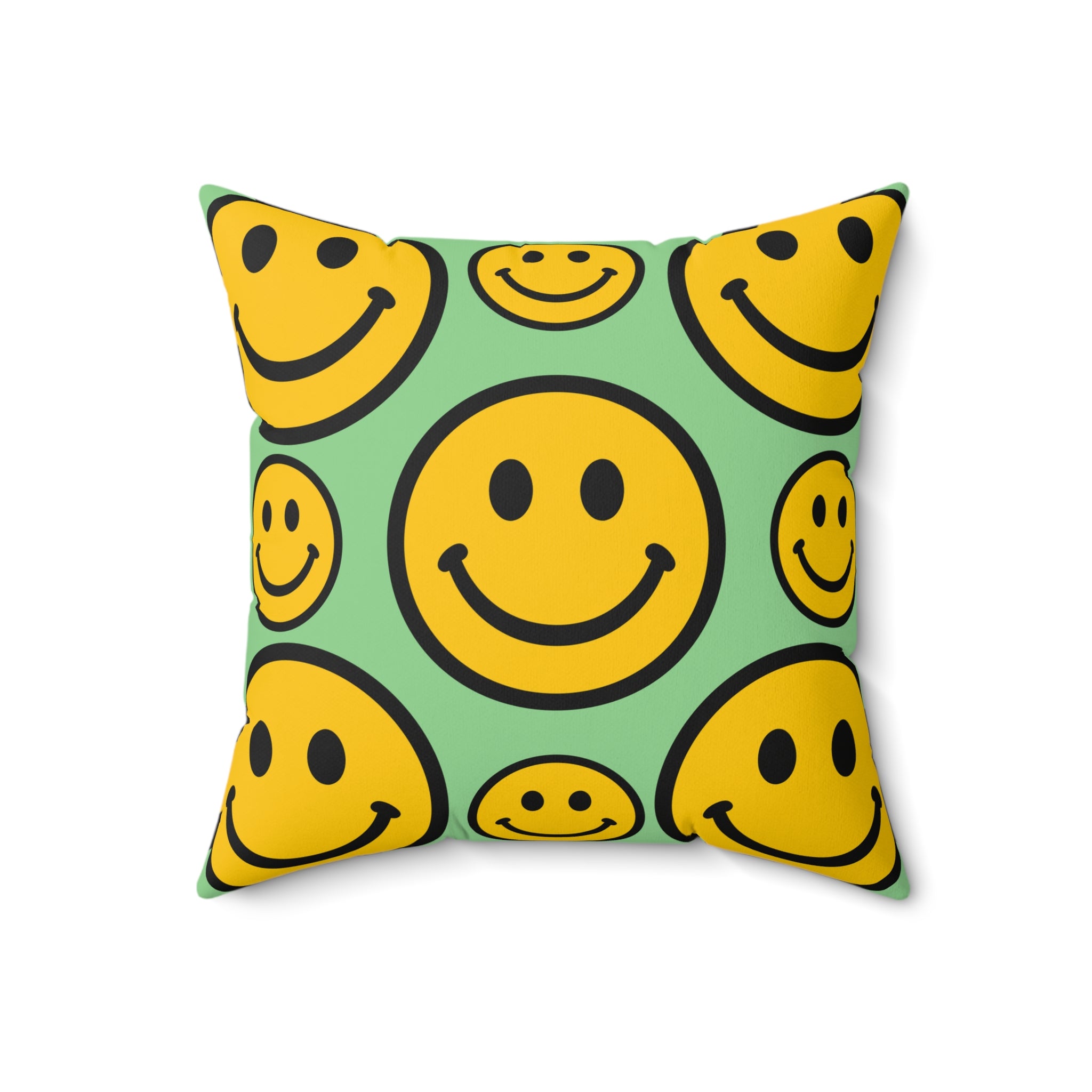 Smiley Face Pattern Faux Suede Square Pillow | Yellow Smiley on Mint Background
