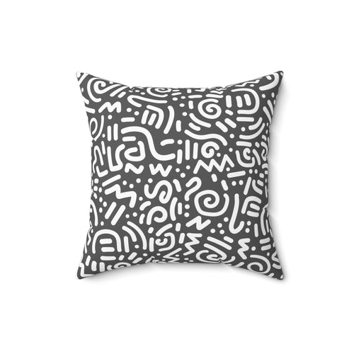 Abstract Doodle Square Pillow — Modern CHARCOAL GREY & White Geometric Throw Pillow