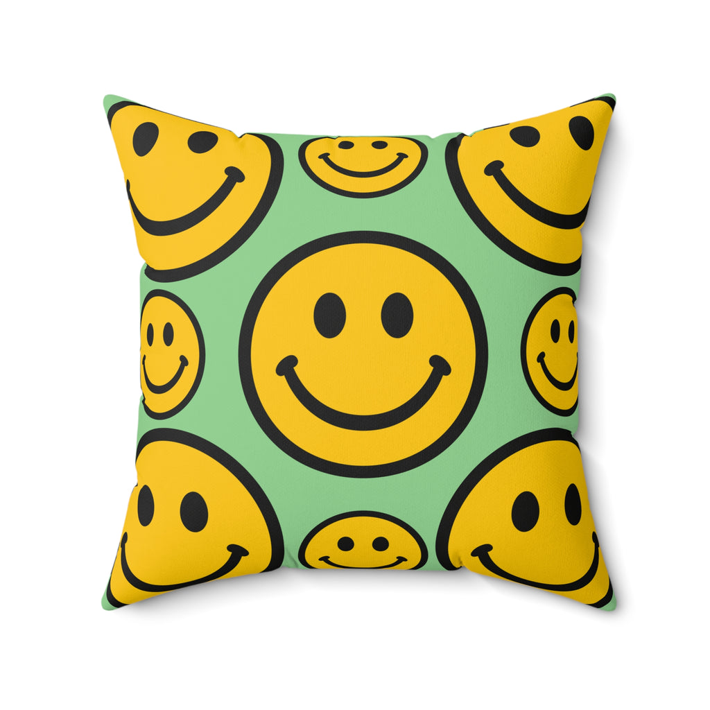 Smiley Face Pattern Faux Suede Square Pillow | Yellow Smiley on Mint Background