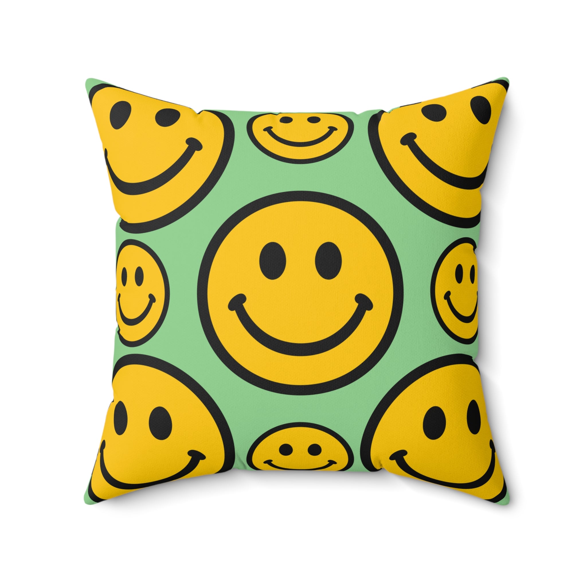 Smiley Face Pattern Faux Suede Square Pillow | Yellow Smiley on Mint Background