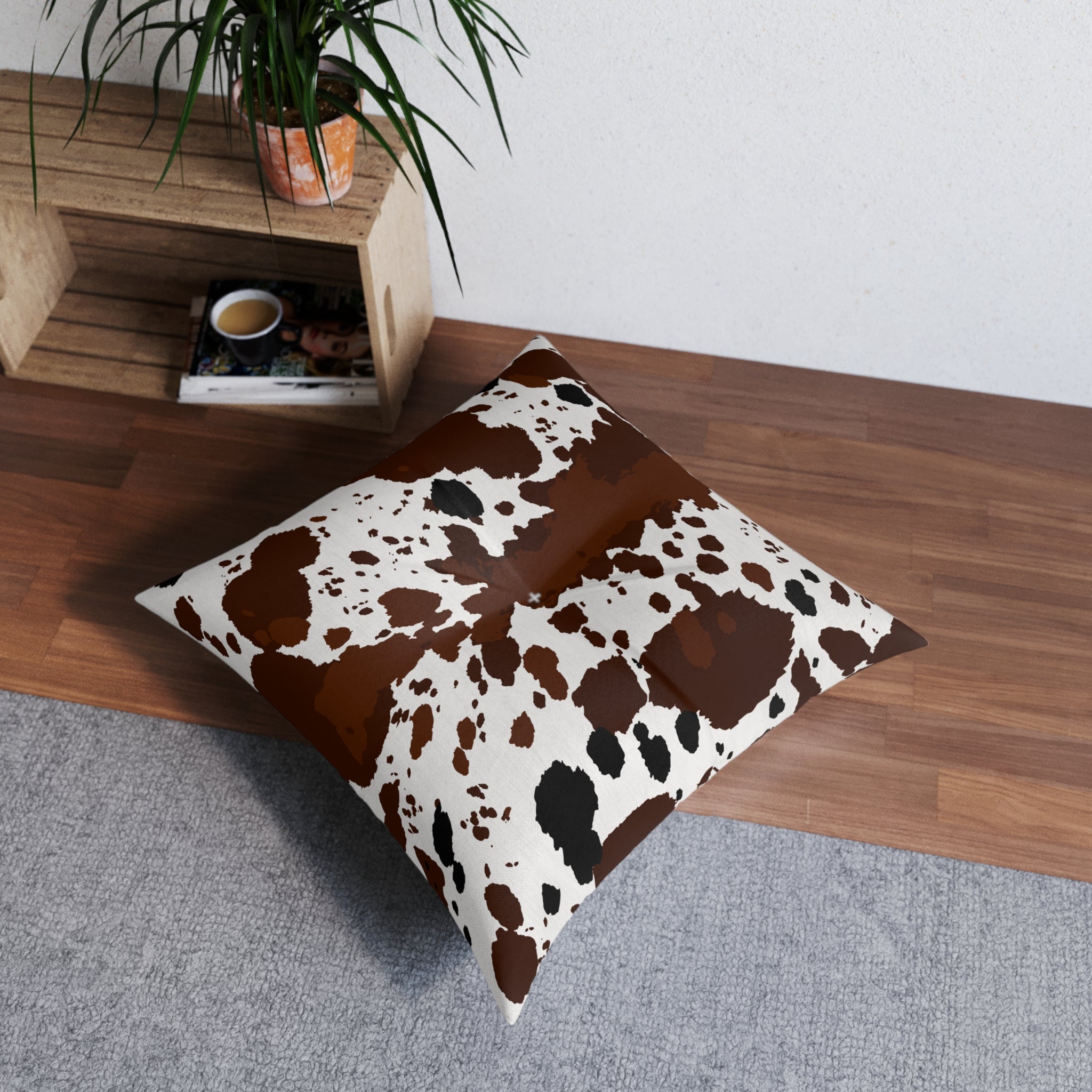 Cowhide Print Tufted Floor Pillow — Rustic Brown & White Accent Cushion