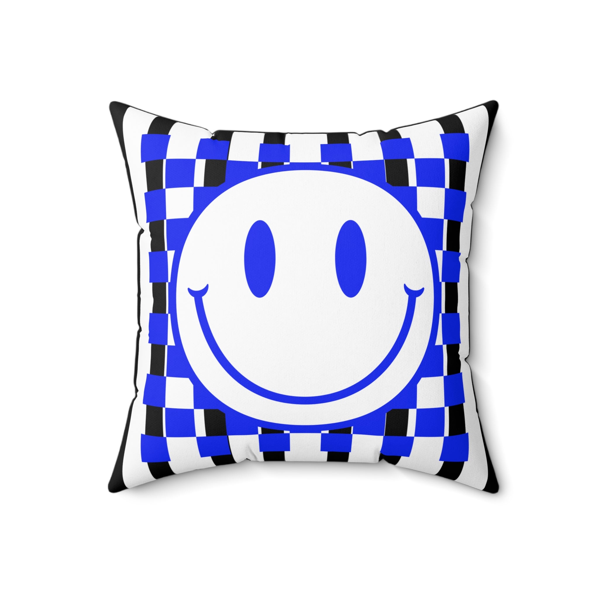 Blue Checker Smiley Pillow — Retro Happy Face Decorative Cushion