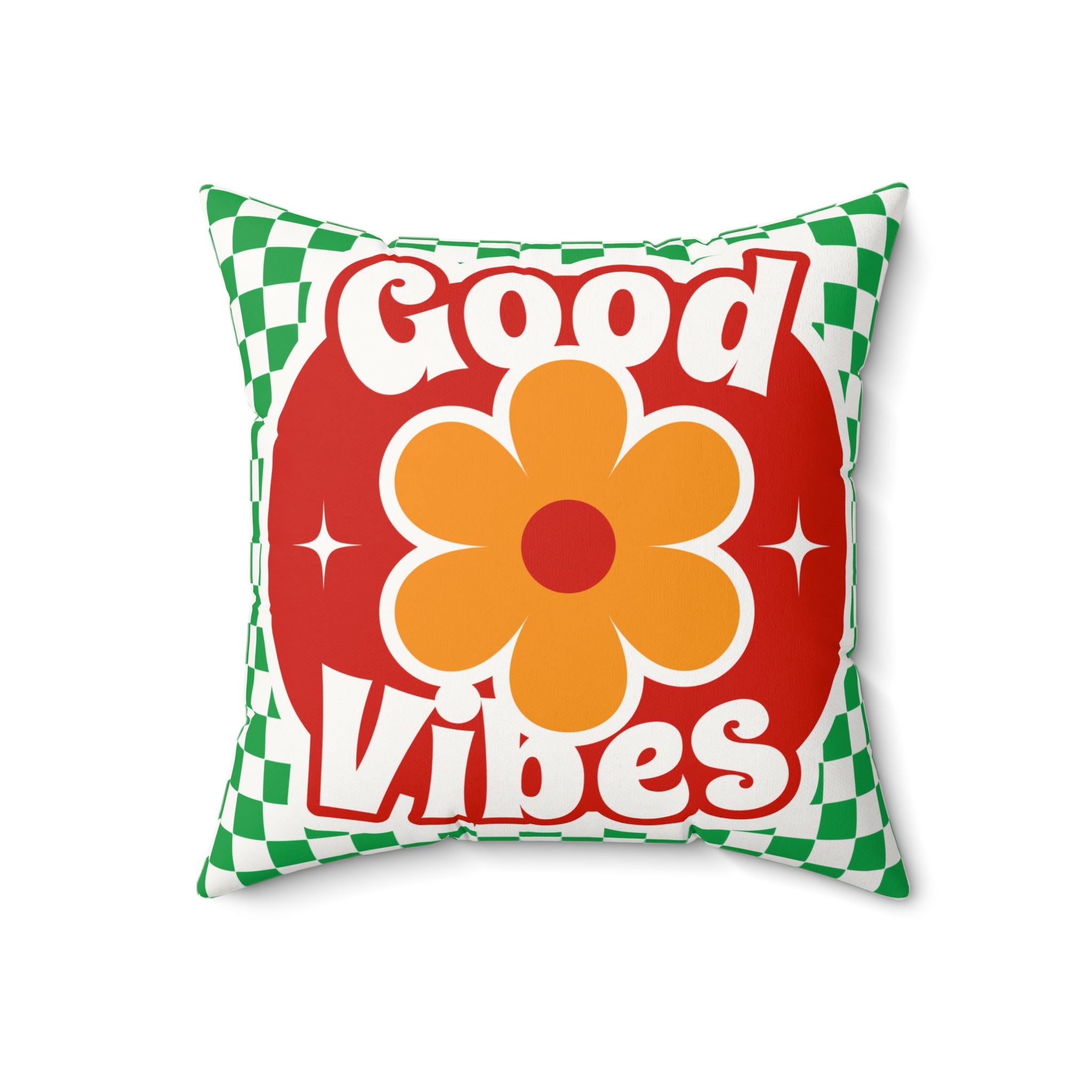 Good Vibes Floral Pillow — Retro Checkerboard Faux Suede Throw Pillow