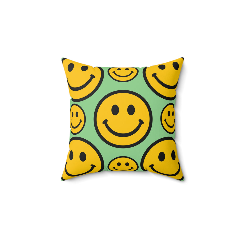 Smiley Face Pattern Faux Suede Square Pillow | Yellow Smiley on Mint Background