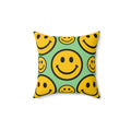 Smiley Face Pattern Faux Suede Square Pillow | Yellow Smiley on Mint Background