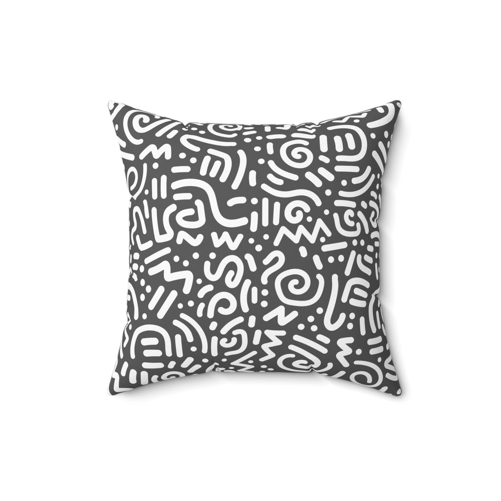 Abstract Doodle Square Pillow — Modern CHARCOAL GREY & White Geometric Throw Pillow