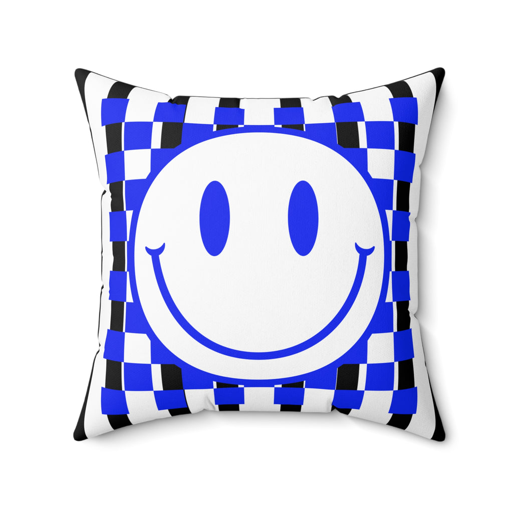 Blue Checker Smiley Pillow — Retro Happy Face Decorative Cushion