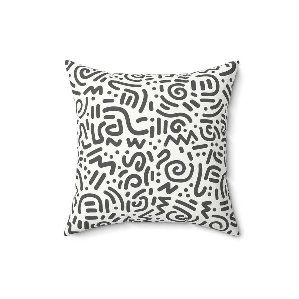 Abstract Doodle Faux Suede Pillow — GREY & White Geometric Accent Cushion