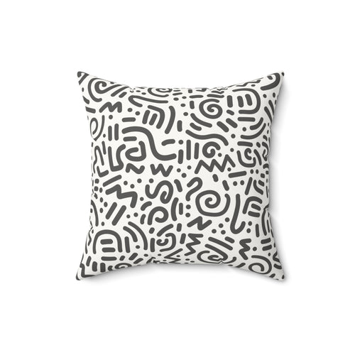 Abstract Doodle Faux Suede Pillow — GREY & White Geometric Accent Cushion