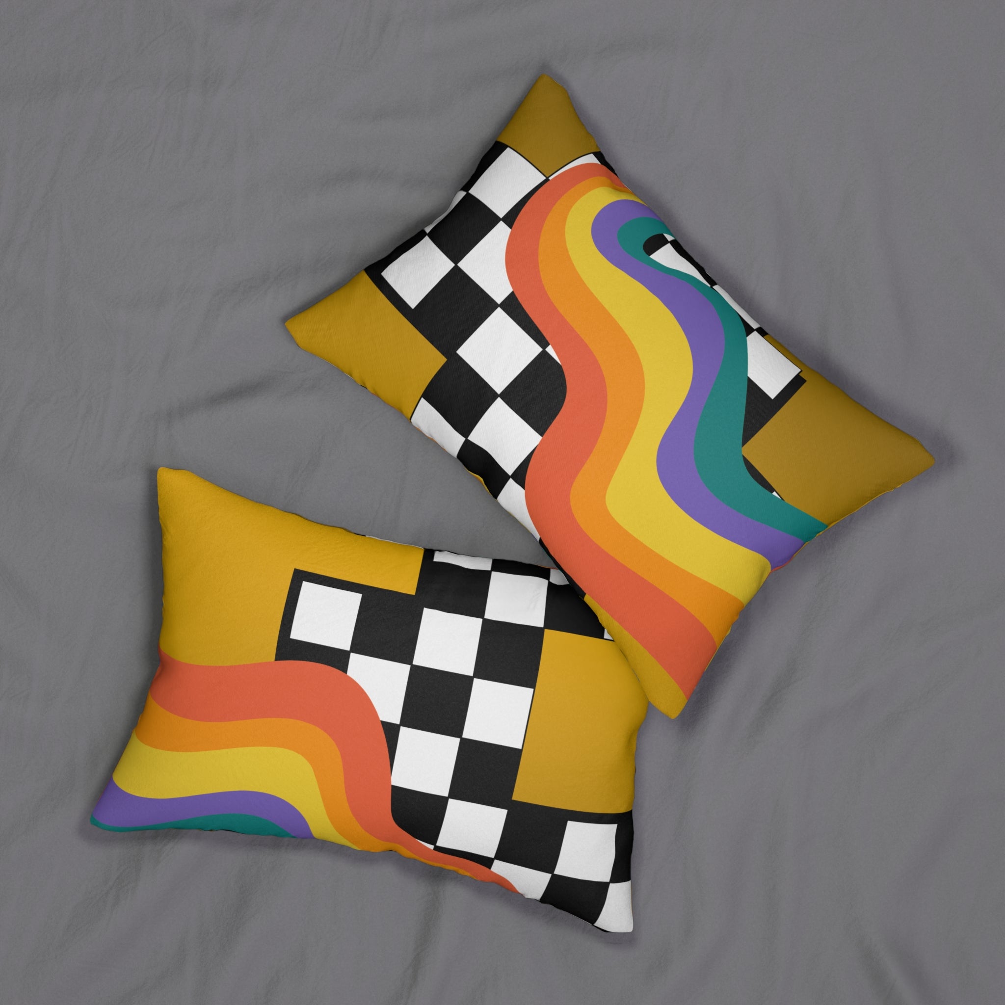 Retro Rainbow Wave Lumbar Pillow — Checkerboard Accent Cushion