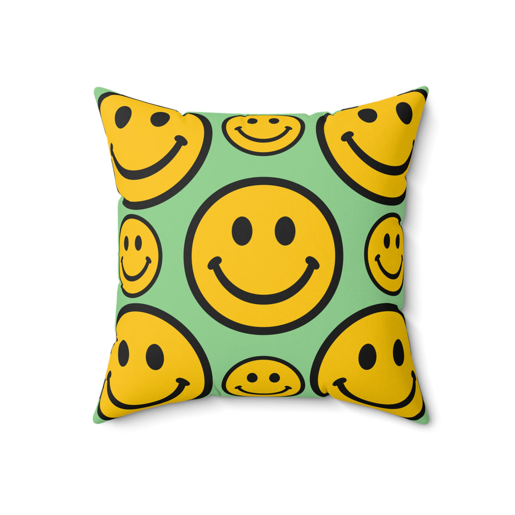 Smiley Face Pattern Faux Suede Square Pillow | Yellow Smiley on Mint Background