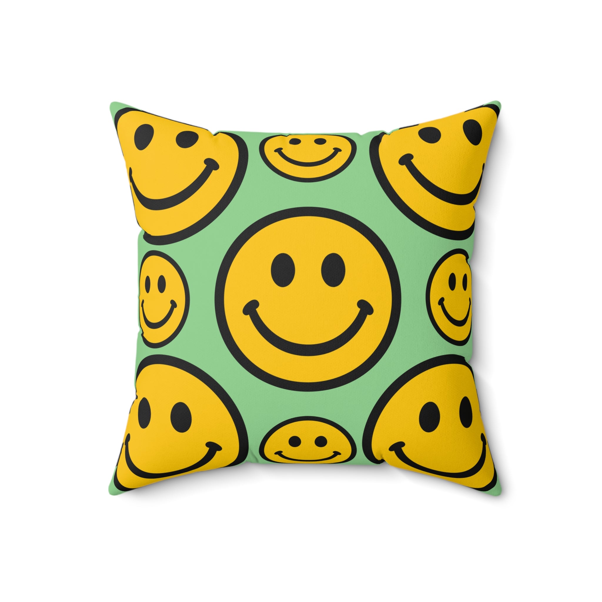 Smiley Face Pattern Faux Suede Square Pillow | Yellow Smiley on Mint Background