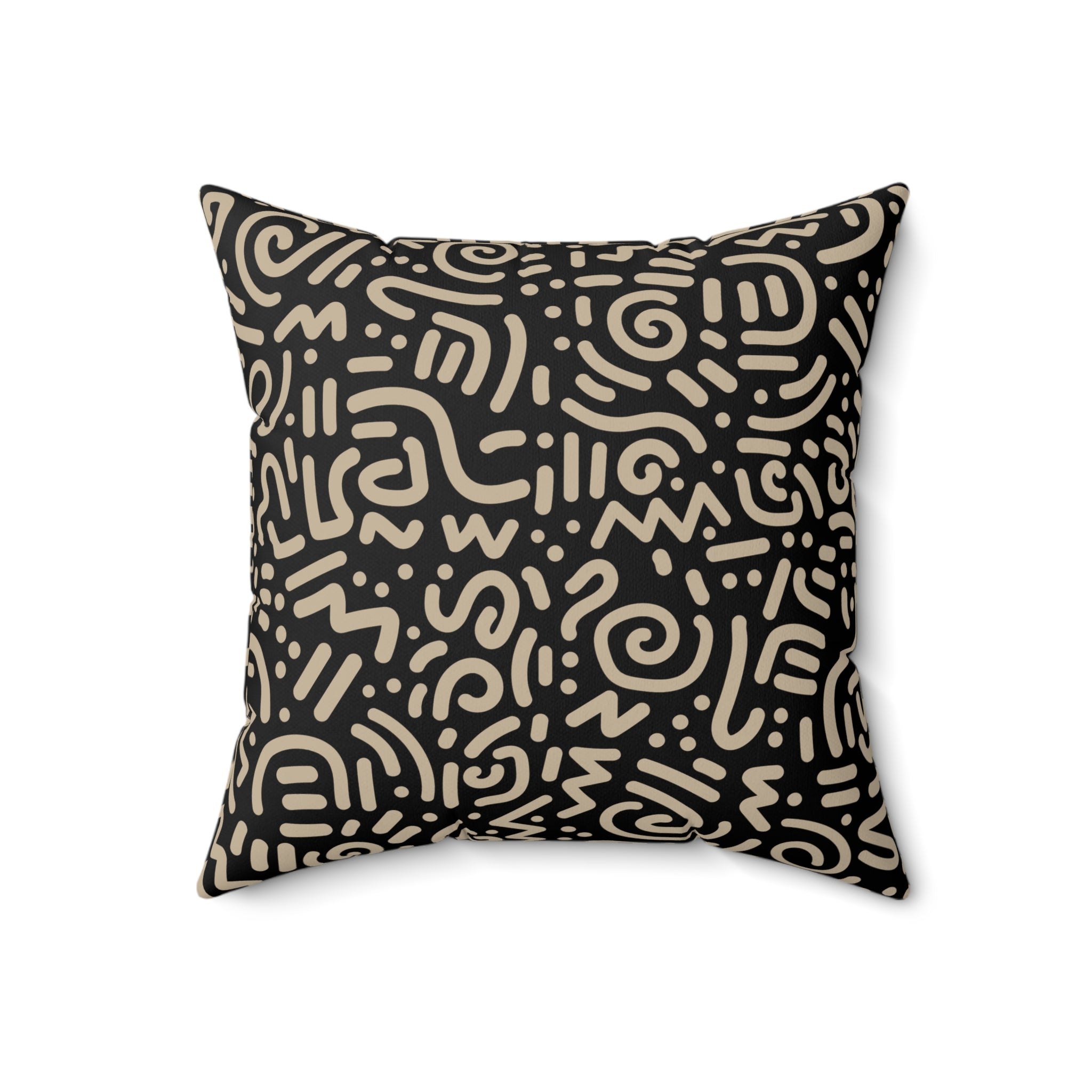 Abstract Tribal Pattern Square Pillow — Neutral Black & Beige Geometric Throw Cushion